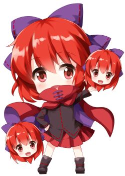 Rule 34 | 1girl, :d, black boots, black shirt, boots, cape, chibi, chibi only, hair between eyes, hair ribbon, highres, long sleeves, looking at viewer, open mouth, purple ribbon, red cape, red eyes, red hair, red skirt, ribbon, ruu (tksymkw), sekibanki, shirt, short hair, simple background, skirt, smile, touhou, white background