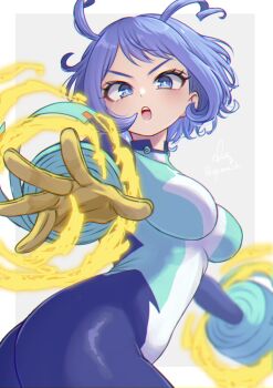 1girl ass blue_bodysuit blue_eyes blue_hair blush bodysuit boku_no_hero_academia breasts energy gloves green_bodysuit hado_nejire hair_horns komaki_yuzu large_breasts looking_at_viewer multicolored_bodysuit open_mouth short_hair simple_background skin_tight solo teeth upper_teeth_only yellow_gloves