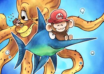 animal_ears animal_focus blue_background donkey_kong_(series) donkey_kong_country donkey_kong_country_returns enguarde fish hat kicdon mario mario_(series) monkey monkey_ears nintendo octopus red_hat squiddicus swordfish tentacles ukiki underwater