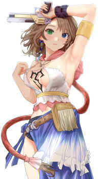 1girl absurdres arm_up armband bag belt blue_eyes braid braided_ponytail breasts brown_hair covered_erect_nipples final_fantasy final_fantasy_x final_fantasy_x-2 green_eyes gun handgun heterochromia highres holding holding_gun holding_weapon hood hood_down looking_at_viewer loose_belt satchel short_hair short_shorts shorts showgirl_skirt solo strap_pull taratwuruta weapon yuna_(ff10)