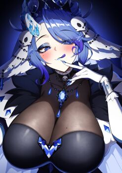 1girl absurdres blue_eyes blue_hair blue_lips blush breasts colored_tongue commentary english_commentary gawawawa hair_ornament highres indie_virtual_youtuber large_breasts licking_lips long_hair looking_at_viewer purple_tongue second-party_source skull_hair_ornament solo tongue tongue_out upper_body veta_valentine virtual_youtuber