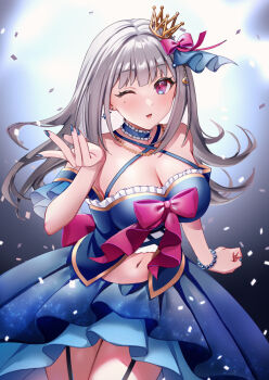 1girl 8n0_g bare_shoulders bead_bracelet beads blue_choker blue_eyes blue_nails blue_skirt bow bracelet breasts bright_background choker cleavage commentary_request criss-cross_halter crown dress frilled_choker frills gradient_eyes grey_hair hair_ribbon halter_dress halterneck hand_up highres hoshizuki_lunna indie_virtual_youtuber jewelry large_breasts layered_skirt long_hair long_skirt mini_crown mole mole_under_eye multicolored_eyes navel off-shoulder_dress off_shoulder one_eye_closed parted_lips pink_bow pink_ribbon purple_eyes ribbon skirt solo virtual_youtuber