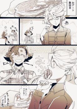 2girls akutsu_(demodori) collared_shirt commentary_request feeding food fork greyscale gundam gundam_suisei_no_majo holding holding_fork long_hair long_sleeves miorine_rembran monochrome multiple_girls open_mouth pancake plaid_clothes plaid_shirt shirt smile speech_bubble suletta_mercury translation_request