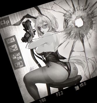 1girl animal_ears arktic ass bare_shoulders breasts bullet_hole bunny_day cat_ears cat_girl cat_tail chair crack cracked_glass emoji greyscale gun handgun highres holding holding_gun holding_weapon large_breasts looking_at_viewer looking_back medium_hair monochrome original pantyhose playboy_bunny sideboob sitting solo star_(symbol) sunglasses tail tongue tongue_out trigger_discipline user_interface viewfinder weapon