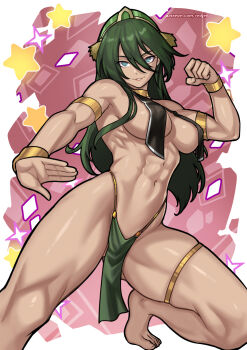 1girl abs armlet avatar:_aang_the_last_airbender avatar_legends barefoot blue_eyes breast_curtains breasts commentary english_commentary green_hair green_hat hair_between_eyes hat highres jewelry lips long_hair looking_at_viewer medium_breasts parted_lips patreon_username pelvic_curtain red_background redjet smile solo squatting star_(symbol) star_symbol_background thighs toes toph_beifong two-tone_background white_background