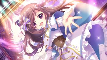 1girl blue_cape boots bow brown_corset brown_hair buttons cape concert corset detached_sleeves dot_nose double-breasted dutch_angle film_grain frilled_skirt frills game_cg hair_bow hair_ribbon headset idol idol_clothes izumi_tsubasu long_hair looking_at_viewer mizushino_sono non-web_source official_art open_mouth outstretched_arm outstretched_hand purple_bow purple_eyes purple_ribbon re:stage! reaching reaching_towards_viewer ribbon screen single_detached_sleeve skirt smile solo sparkle stage_lights standing standing_on_one_leg striped_bow two-sided_cape two-sided_fabric white_boots white_cape white_skirt white_sleeves white_wrist_cuffs wrist_cuffs