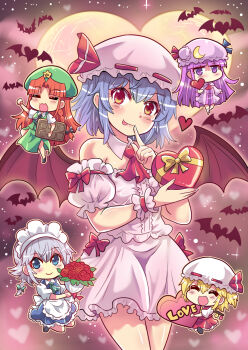 Rule 34 | 5girls, apron, bat (animal), bat wings, beret, blonde hair, blue eyes, blue hair, blunt bangs, bow, box, braid, candy, chibi, chocolate, chocolate bar, closed eyes, colonel aki, commentary request, crescent, crescent hat ornament, crescent moon, detached collar, detached sleeves, finger to mouth, flandre scarlet, food, grey hair, hair between eyes, hair bow, hair intakes, hat, hat ornament, heart, heart-shaped box, highres, hong meiling, izayoi sakuya, long sleeves, looking at viewer, maid, maid apron, maid headdress, mob cap, moon, multiple girls, necktie, open mouth, orange eyes, patchouli knowledge, purple eyes, purple hair, red eyes, red hair, remilia scarlet, short sleeves, side ponytail, smile, star (symbol), tongue, tongue out, touhou, wings