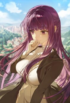 absurdres black_coat blunt_bangs blurry blurry_background breasts buttons cheeseppy cloud cloudy_sky coat collar dress fern_(sousou_no_frieren) frilled_collar frills hand_on_own_chin highres hood hooded_coat large_breasts long_coat long_hair purple_eyes purple_hair sky smile sousou_no_frieren tree village white_dress