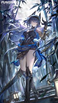 Rule 34 | 1girl, absurdres, arm behind back, bamboo, bamboo forest, black hairband, blue eyes, blue hair, blue sash, blue vest, breasts, commentary, copyright name, cropped vest, discord (pgr), english commentary, falling leaves, forest, full body, full moon, hair between eyes, hairband, hand up, headgear, highres, holding, holding scissors, holding weapon, huge weapon, leaf, long hair, looking at object, mechanical arms, mechanical legs, medium breasts, moon, nature, night, official art, outdoors, parted lips, pelvic curtain, punishing: gray raven, sash, scissors, solo, stairs, stone lantern, thighs, turning head, very long hair, vest, waist sash, walking, weapon