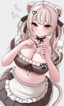 1girl absurdres ahoge alternate_costume animal_ears apron black_bow black_choker black_nails black_skirt black_tube_top blush bow bow_choker breasts choker cleavage closed_mouth commentary_request four-finger_heart_hands frilled_skirt frills grey_eyes grey_hair hair_bow hair_ornament heart heart_hair_ornament heart_hands highres holding hololive large_breasts lion_ears lion_girl lion_tail long_hair looking_at_viewer maid maid_apron maid_headdress nail_polish navel ruo1001 shishiro_botan skirt solo strapless tail tube_top twintails virtual_youtuber