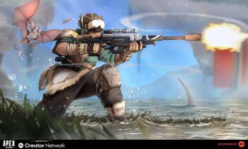 1girl a-13_sentry aiming apex_legends bat_(animal) black_pants blue_eyes brown_eyes brown_gloves brown_hair commentary echo_(apex_legends) electronic_arts english_commentary fangs fingerless_gloves firing flying fur_trim gloves gun highres ifragmentix knee_pads logo on_one_knee pants rifle scope shell_casing short_hair smile sniper_rifle solo_focus vantage_(apex_legends) water weapon