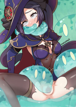 1girl ahegao anus asphyxiation blush bodystocking breasts cape capelet censored covered_in_slime creature_insertion creature_inside everyday2 forced genshin_impact green_eyes hat lying medium_breasts mona_(genshin_impact) mosaic_censoring multiple_monsters no_panties object_insertion on_back oral purple_hair purple_headwear pussy rape rolling_eyes sex slime_(creature) slime_(genshin_impact) slime_(substance) slime_monster slime_sex spread_legs tearing_up tears tentacle_around_neck tentacle_sex tentacles torn_bodystocking torn_clothes twintails vaginal vaginal_object_insertion wide_spread_legs witch_hat