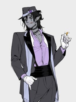 1boy :q alternate_costume bags_under_eyes beard_stubble black_hair black_hat black_jacket black_pants bow bowtie buuufg centipede_tattoo coin collarbone collared_shirt colored_skin commentary_request cowboy_shot dress_pants ear_piercing earrings facial_hair facial_scar fedora forked_tongue gloves gold_earrings green_eyes grey_background grey_scarf grey_skin hair_between_eyes half_updo hand_in_pocket hand_up hat high-waist_pants highres holding holding_coin jacket jewelry korean_commentary lapels legs_apart long_sleeves looking_to_the_side male_focus mature_eyes mature_male medium_hair neck_tattoo octavinelle_dorm_uniform pants partially_unbuttoned peaked_lapels pectoral_cleavage pectorals piercing pointy_ears purple_shirt raised_eyebrows scar scar_on_cheek scar_on_face scar_on_mouth scarf shirt shirt_tucked_in simple_background solo standing stubble suspenders swing_(twisted_wonderland) tattoo tongue tongue_out twisted_wonderland undone_bowtie white_bow white_bowtie white_gloves