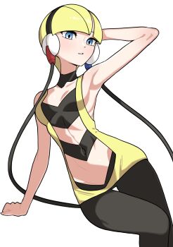 1girl absurdres armpits black_pantyhose blonde_hair blue_eyes breasts choker clothing_cutout commentary_request covered_navel dress elesa_(pokemon) headphones highres looking_at_viewer n_k_m nintendo pantyhose pokemon pokemon_bw short_hair skinny small_breasts yellow_dress