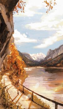 Rule 34 | 1girl, absurdres, artist request, austria, bang dream!, bang dream! it's mygo!!!!!, black hair, black shoes, blue skirt, cloud, commentary request, commission, day, german commentary, highres, lake, outdoors, railing, scenery, second-party source, shadow, shiina taki, shoes, skirt, solo, standing, three-quarter sleeves, wide shot