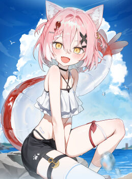 1girl :d absurdres animal_ears bandaid black_shorts blue_sky cat_ears cloud commentary commission day fangs hair_ornament highres huu_(dighapdlxm12) indie_virtual_youtuber looking_at_viewer open_mouth outdoors pink_hair pixiv_commission puri_(vtuber) short_hair short_shorts shorts single_sock single_thighhigh sitting sky smile socks solo symbol-only_commentary tail thighhighs virtual_youtuber white_socks white_thighhighs x_hair_ornament yellow_eyes
