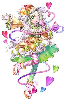 1girl alternate_costume alternate_headwear apple apple_slice asymmetrical_legwear boots candy commentary_request corset dress eyeball food food-themed_clothes fruit full_body green_corset green_eyes green_hair green_pantyhose heart heart_of_string high_heel_boots high_heels holding holding_candy holding_food holding_lollipop komeiji_koishi leg_up lime_(fruit) lime_slice lollipop long_sleeves looking_at_viewer mismatched_legwear miy_001 open_mouth orange_(fruit) orange_slice pantyhose pink_pantyhose pudding signature simple_background smile solo striped_clothes striped_pantyhose third_eye touhou white_background white_boots white_dress wide_sleeves