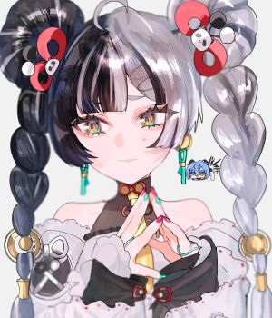 2girls :3 ahoge animal_ears aqua_nails bare_shoulders black_hair black_horns blue_hair braid braided_twintails chibi china_dress chinese_clothes collarbone commentary_request detached_sleeves dialyn_(zenless_zone_zero) double_bun dress earrings goat_ears goat_girl goat_horns grey_background hair_between_eyes hair_bun hair_extensions hair_ornament hairclip highres holding holding_phone horns jewelry long_hair looking_to_the_side lucia_elowen multicolored_hair multicolored_nails multiple_girls necktie open_mouth oubaisameko_181 panda_hair_ornament phone pointy_ears portrait red_nails ring_hair_extensions split-color_hair sweat white_dress white_hair yellow_eyes yellow_necktie zenless_zone_zero