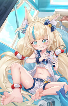 1girl absurdres ahoge animal_ear_fluff animal_ears barefoot belt belt_buckle blonde_hair blue_belt blue_eyes blue_nails blue_sky blue_streaks blush buckle can cat_ears clenched_teeth cloud commentary controller crab day dress english_commentary feet fins fish_girl fish_tail flat_chest frilled_sailor_collar frills game_controller highres holding holding_controller holding_game_controller indie_virtual_youtuber indoors kaniki_(sameko_saba) kunku_(youn4431) lifebuoy_anklet lifebuoy_hair_ornament long_hair low_twintails midriff multicolored_hair navel one_side_up open_clothes open_dress paper_boat playing_games polearm sailor_collar sameko_saba shark_print short_shorts shorts sitting sky soles solo streaked_hair tail teeth toes trident twintails v-shaped_eyebrows very_long_hair virtual_youtuber weapon white_dress white_shorts window