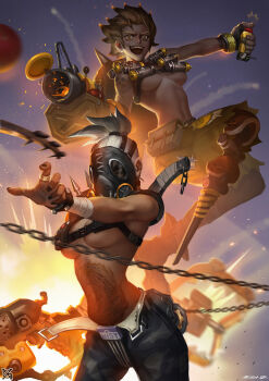 &gt;:d 2girls :d ^^^ aiming amputee arm_at_side arm_tattoo arm_wrap armor bag bandages belt belt_pouch black_gloves black_nails black_pants blonde_hair blurry boots breasts cannon canteen chain claw_pose contrail depth_of_field explosion explosive fingerless_gloves fire gas_mask genderswap genderswap_(mtf) gloves gun highres jewelry jumping junkrat_(overwatch) large_breasts leg_wrap long_hair looking_at_viewer mask mechanical_arms mechanical_legs medium_breasts motion_blur multiple_girls nail_polish no_shirt open_mouth orb outstretched_arm overwatch overwatch_1 palms pants pauldrons pig_tattoo ponytail pouch pushing ring roadhog_(overwatch) shards short_hair shorts shoulder_armor signature single_glove single_mechanical_arm single_mechanical_leg skull_and_crossbones sky smile smoke spiked_hair spikes stomach stomach_tattoo tattoo teeth thick_eyebrows unbuckled underboob unused_tire v-shaped_eyebrows weapon weapon_on_back white_hair xiaoguimist yellow_eyes