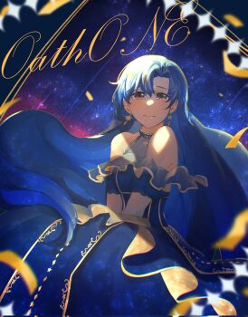 1girl bare_shoulders blue_dress blue_hair brown_eyes closed_mouth commentary_request dress earrings frilled_dress frills gold_trim highres idolmaster idolmaster_(classic) jewelry kisaragi_chihaya light_smile long_hair looking_at_viewer solo star_(sky) star_(symbol) star_earrings starry_sky_background tomori_(inoutomori)