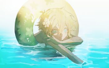 Rule 34 | 1boy, absurdres, alternate costume, antenna hair, basil (faraway) (omori), basil (omori), blonde hair, blue eyes, double-parted bangs, flower, hair between eyes, hair flower, hair ornament, highres, innertube, looking at viewer, male focus, omori, open mouth, short hair, sidelocks, smile, solo, swim ring, tomomu 0, upper body, water