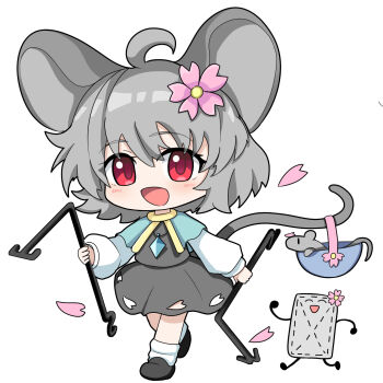 1girl :d ahoge animal_ears basket black_shoes blue_capelet blush capelet chibi commentary_request dowsing_rod falling_petals flower full_body grey_hair grey_skirt grey_vest guminemi hair_flower hair_ornament highres holding holding_with_tail jewelry long_sleeves looking_at_viewer mouse_(animal) mouse_ears mouse_girl mouse_tail nazrin necklace open_mouth pendant petals pink_flower pink_petals prehensile_tail puffy_long_sleeves puffy_sleeves red_eyes shirt shoes short_hair simple_background skirt smile socks solo tail touhou vest walking white_background white_shirt white_socks