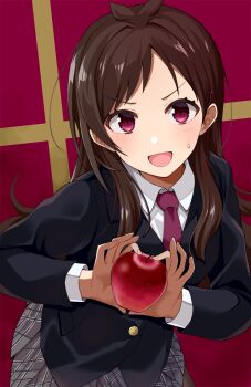 Rule 34 | 1girl, :d, apple, bad id, bad pixiv id, black jacket, blazer, blush, brown hair, collared shirt, commentary request, female focus, fingernails, food, fruit, gomashi (goma), grey skirt, heart, heart hands, highres, holding, holding food, holding fruit, idolmaster, idolmaster cinderella girls, jacket, long hair, long sleeves, looking at viewer, necktie, open mouth, plaid clothes, plaid skirt, pleated skirt, red background, red eyes, red necktie, school uniform, shirt, skirt, smile, solo, sweat, tsujino akari, v-shaped eyebrows, very long hair, white shirt