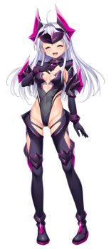 1girl ^_^ aikawa_haruno armor avalatia_ignis black_gloves black_leotard blush boots breasts chest_jewel cleavage closed_eyes clothing_cutout covered_navel cutout_above_navel earrings elbow_gloves facing_viewer forehead_protector full_body game_cg gloves gluteal_fold hand_on_own_chest headgear headpiece highleg highleg_leotard jewelry kamitsurugi_ouka kouyoku_senki_exs-tia_concert large_variant_set leotard long_hair medium_breasts non-web_source official_art open_mouth single_earring smile solo standing tachi-e thigh_boots thighhighs transparent_background variant_set white_hair