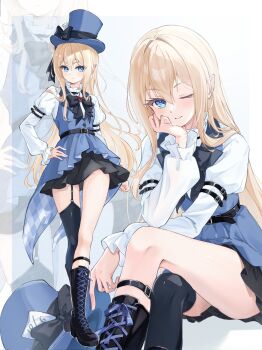 Rule 34 | 1girl, asymmetrical legwear, belt, black belt, black bow, black bowtie, black skirt, black thighhighs, blonde hair, blue eyes, blue hat, blue shirt, blush, boots, bow, bowtie, buttons, commentary request, cosplay, cowboy shot, crossed arms, crossed legs, frills, full body, garter straps, gem, hair intakes, hat, hat bow, head rest, highres, knee boots, layered clothes, layered shirt, long hair, long sleeves, looking at viewer, mad hatter (alice in wonderland), mad hatter (alice in wonderland) (cosplay), mia (omo omochi zzz), multiple views, omo omochi zzz, one eye closed, original, pointy ears, puffy sleeves, red gem, shirt, sitting, skirt, sleeveless, sleeveless shirt, solo, thighhighs, top hat, wavy hair, white shirt