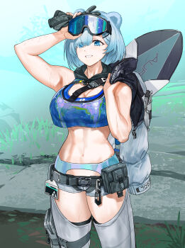 Rule 34 | 1girl, absurdres, adjusting goggles, animal ears, arknights, arknights: endfield, arm up, aurora (arknights), bear ears, bear girl, belt pouch, black gloves, black jacket, blue eyes, blue hair, blue sports bra, breasts, chinese commentary, cleavage, clothing cutout, commentary request, commission, cowboy shot, eyes visible through hair, gloves, goggles, goggles on head, grey pants, grin, hair over one eye, highres, holding, holding gloves, holding jacket, holding unworn clothes, jacket, large breasts, medium hair, midriff, mush (fingalphoneix), navel, outdoors, pants, pouch, second-party source, smile, snowboard, snowshine (arknights), solo, sports bra, sweat, thigh cutout, thighs, toned, toned female, unworn gloves, unworn jacket