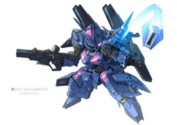 beam_cannon bit_(gundam) character_name commentary_request finger_on_trigger full_body glowing glowing_eye gun gundam gundam_0080 gundam_suisei_no_majo highres holding holding_gun holding_weapon horns kampfer_(mobile_suit) looking_at_viewer mecha mecha_focus mobile_suit no_humans one-eyed original outstretched_arm purple_eyes redesign robot science_fiction shoulder_spikes simple_background single_horn solo spikes takamaru_(taka1220) thrusters weapon white_background