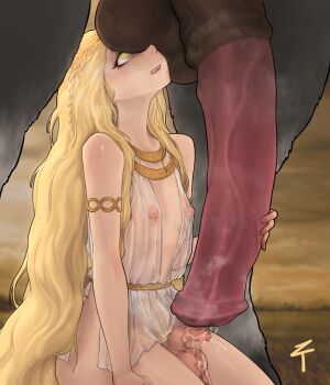 2boys absurdres animal_penis bestiality blonde_hair covered_erect_nipples elden_ring elden_ring:_shadow_of_the_erdtree gigantic_penis highres horse horse_penis huge_testicles long_hair looking_at_penis looking_up miquella_(elden_ring) multiple_boys nipples penis penis_awe penis_size_difference penises_touching see-through_clothes steaming_body testicles testicles_on_face trap very_long_hair yellow_eyes ztyoho