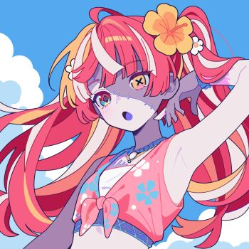 1girl :o arm_up armpits blonde_hair blue_sky blush cloud colored_skin commentary day eyelashes floral_print flower grey_skin hair_flower hair_ornament hand_in_own_hair heterochromia highres hololive hololive_indonesia holonatsu_paradise kerinaharaini kureiji_ollie long_hair mismatched_pupils multicolored_hair multicolored_skin open_mouth outdoors red_hair scrunchie sky solo stitched_face stitches two-tone_skin upper_body virtual_youtuber white_flower white_hair wrist_scrunchie yellow_flower zombie