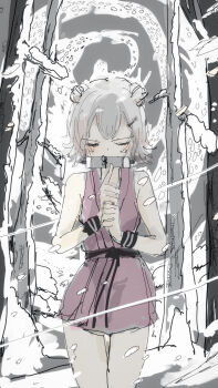 1girl alternate_costume blizzard cevio closed_eyes commentary_request double_bun facing_viewer forest grey_hair hair_bun highres holding holding_scroll japanese_clothes kabuyama_kaigi kimono koharu_rikka kuji-in mouth_hold nature outdoors purple_kimono scroll serious short_hair short_kimono sleeveless sleeveless_kimono snow snow_on_tree snowing solo spiral_background straight-on synthesizer_v v-shaped_eyebrows wind