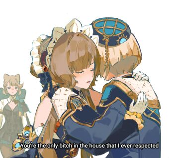 1boy 2girls animal_ears blonde_hair bow brown_hair cat_ears closed_mouth commentary detached_sleeves dress english_commentary english_text eyebrows_hidden_by_hair fingerless_gloves freminet_(genshin_impact) genshin_impact gloves grey_hair hair_bow hand_on_another&#039;s_back hand_on_another&#039;s_shoulder hat headdress highres hug jacket leotard long_sleeves looking_at_another lynette_(genshin_impact) multiple_girls parted_lips poyo_(luberryart) profanity purple_eyes sandrone_(genshin_impact) short_hair simple_background