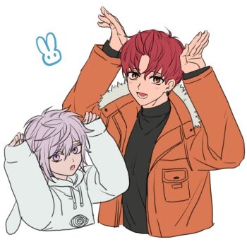 2boys black_sweater brown_eyes commentary_request cropped_torso dandadan enjoji_jin evil_eye_(dandadan) fur-trimmed_jacket fur_trim hands_up hood hood_down hoodie jacket korean_commentary light_blush long_sleeves looking_at_viewer male_focus multiple_boys open_clothes open_jacket open_mouth orange_jacket purple_hair rabbit_pose red_hair rotomem short_hair simple_background sweater turtleneck turtleneck_sweater upper_body white_background white_hoodie
