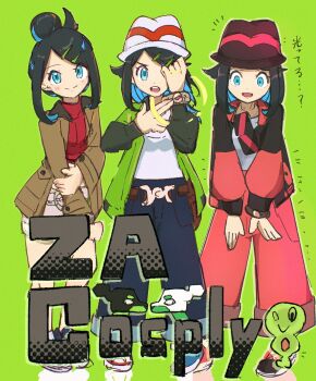 black_hair blue_eyes blue_hair blue_shoes blush breasts closed_mouth cosplay cowlick cropped_shirt eyelashes green_background green_jacket hair_bun hair_ornament hairclip harmony_(pokemon) harmony_(pokemon)_(cosplay) hat highres holding jacket liko_(pokemon) long_hair long_sleeves mega_ring midriff multicolored_hair navel nintendo open_clothes open_jacket open_mouth pants pokemon pokemon_(anime) pokemon_horizons pokemon_legends:_z-a red_shirt shirt shoes shorts simple_background smile taunie_(pokemon) taunie_(pokemon)_(cosplay) tonbo_(tonbo63194) white_hat white_shirt zygarde zygarde_(10%) zygarde_core