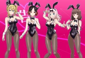 Rule 34 | 4girls, \m/, animal ear hairband, animal ears, bare shoulders, black bow, black bowtie, black hair, black leotard, blonde hair, blue eyes, bow, bowtie, breasts, brown eyes, brown hair, cheenosuke, closed mouth, commentary request, commission, detached collar, double-parted bangs, double \m/, fake animal ears, fake tail, feet out of frame, fujiwara chika, gluteal fold, hair between eyes, hair bow, hair ribbon, hairband, hand on own chest, hayasaka ai, heart, highleg, highleg leotard, iino miko, kaguya-sama wa kokurasetai ~tensai-tachi no renai zunousen~, large breasts, leotard, light blush, long hair, looking at viewer, low twintails, medium breasts, multiple girls, open mouth, pantyhose, pink background, pink hair, playboy bunny, rabbit ear hairband, rabbit ears, rabbit tail, red eyes, red ribbon, ribbon, shinomiya kaguya, side ponytail, skeb commission, smile, standing, strapless, strapless leotard, tail, twintails, white wrist cuffs, wrist cuffs