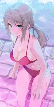 1girl amy_(doa) bikini breasts cleavage closed_mouth commentary_request dead_or_alive dead_or_alive_xtreme dead_or_alive_xtreme_venus_vacation green_eyes hair_ornament hairclip highres large_breasts low_twintails navel red_bikini slope_(check238) smile solo stomach swimsuit thighs twintails venus_vacation_prism:_dead_or_alive_xtreme wet x_hair_ornament