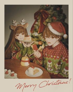 1boy 1girl antlers blush brown_eyes brown_hair cake cake_slice christmas christmas_sweater christmas_tree commentary cup eating fake_antlers fate/extra fate/grand_order fate_(series) food fork fur-trimmed_headwear fur_trim hat highres holding holding_food holding_fork holding_plate horns kishinami_hakuno_(female) kishinami_hakuno_(male) long_hair long_sleeves looking_at_viewer meme merry_christmas nero_claudius_(fate) open_mouth padoru_(meme) plate polaroid_photo reindeer_antlers rowayu santa_hat short_hair smile symbol-only_commentary table