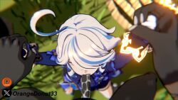 1boy 1girl 3d ahoge all_fours animated black_gloves black_skin blue_eyes blue_hair blush breasts colored_skin completely_nude cum cum_in_mouth cum_in_pussy cum_overflow doggystyle drooling ejaculation fellatio fingernails furina_(genshin_impact) genshin_impact gloves grass hetero hilichurl_(genshin_impact) interspecies irrumatio moaning multiple_views nsfw_sonia_va nude oral orangedonut33 outdoors patreon_logo penis sex sex_from_behind small_breasts smile sound tagme top-down_bottom-up torso_grab twitter_username vaginal video