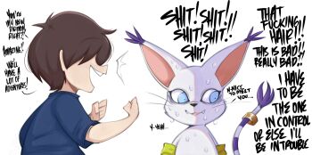 1boy 1girl animal_ears animal_hands blue_eyes brown_hair cat digimon digimon_(creature) gloves highres open_mouth paw_gloves saltyxodium short_hair tail tail_ornament tail_ring tailmon white_fur