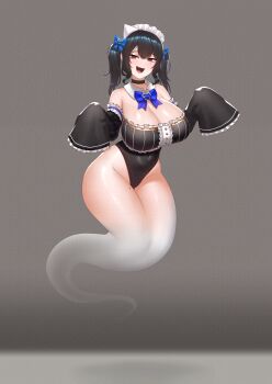 1girl absurdres alternate_breast_size_(larger) alternate_costume alternate_form apron bare_shoulders black_hair black_leotard black_sleeves blue_hair blush breasts cipher4109 colored_inner_hair commentary detached_sleeves english_commentary frilled_leotard frills full_body ghost_girl ghost_tail highleg highleg_leotard highres hololive hololive_english indie_virtual_youtuber large_breasts leotard long_hair long_sleeves looking_at_viewer maid maid_apron maid_headdress mint_fantome mole mole_under_eye multicolored_hair nerissa_ravencroft open_mouth red_eyes smile solo thighs tongue tongue_out two-tone_hair very_long_hair virtual_youtuber white_apron