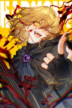 Rule 34 | 1boy, :d, absurdres, ascot, asyker, beamed eighth notes, black cape, black gloves, black shirt, blonde hair, blood, blood in hair, blood on face, blood on neck, blue ascot, bright pupils, cape, chinese commentary, colored sclera, commentary request, dated, e.g.o (project moon), eighth note, electric guitar, electricity, english text, fingernails, floating hair, gem, gloves, guitar, hair between eyes, half-closed eye, harmony (e.g.o), head tilt, highres, holding, holding guitar, holding instrument, index finger raised, instrument, limbus company, male focus, musical note, musical note in eye, open mouth, playing instrument, project moon, purple gem, shirt, short hair, signature, sinclair (project moon), smile, solo, teeth, tongue, turtleneck, upper body, white pupils, yellow background, yellow eyes, yellow sclera