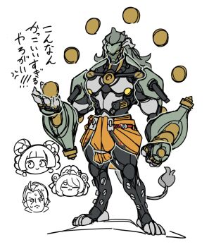 2boys 2girls animal_ears banyue_(zenless_zone_zero) bara chibi damian_blackwood dialyn_(zenless_zone_zero) grey_hair highres long_hair multiple_boys multiple_girls orb rabbit_ears rabbit_girl robot_boy sweat syoya tail translation_request white_background zenless_zone_zero zhao_(zenless_zone_zero)