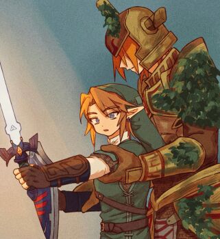 2boys armor blonde_hair champion&#039;s_tunic_(zelda) full_armor green_tunic hero&#039;s_shade highres hylian_shield knight link master_sword multiple_boys nintendo pointy_ears shield teacher_and_student teateeeea the_legend_of_zelda the_legend_of_zelda:_twilight_princess tunic undead