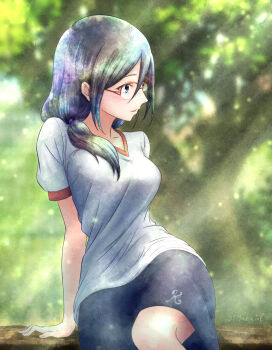 1girl absurdres arm_support black_hair blue_eyes blue_shorts breasts commentary_request glasses gym_uniform hibike!_euphonium highres large_breasts looking_to_the_side outdoors over-rim_eyewear parted_lips profile red-framed_eyewear semi-rimless_eyewear shirt short_sleeves shorts signature sitting solo tanaka_asuka tmakatof tree twintails white_shirt