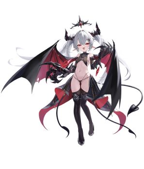 1girl absurdres bare_shoulders bikini black_thighhighs boots breasts claws demon demon_girl demon_tail demon_wings fang halo highres loli looking_at_viewer mesugaki micro_bikini navel original pointy_ears red_eyes small_breasts smile solo stomach swimsuit tail thigh_boots thighhighs twintails white_background white_hair wings xiuluoniqia