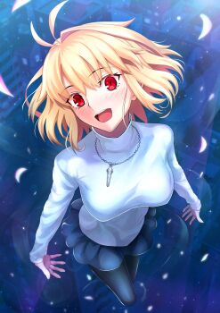 Rule 34 | absurdres, ahoge, arcueid brunestud, black pantyhose, blue skirt, blush, breasts, city, harukey, highres, long sleeves, looking at viewer, medium breasts, open mouth, pantyhose, petals, red eyes, short hair, skirt, smile, sweater, teeth, tsukihime, tsukihime (remake), uvula
